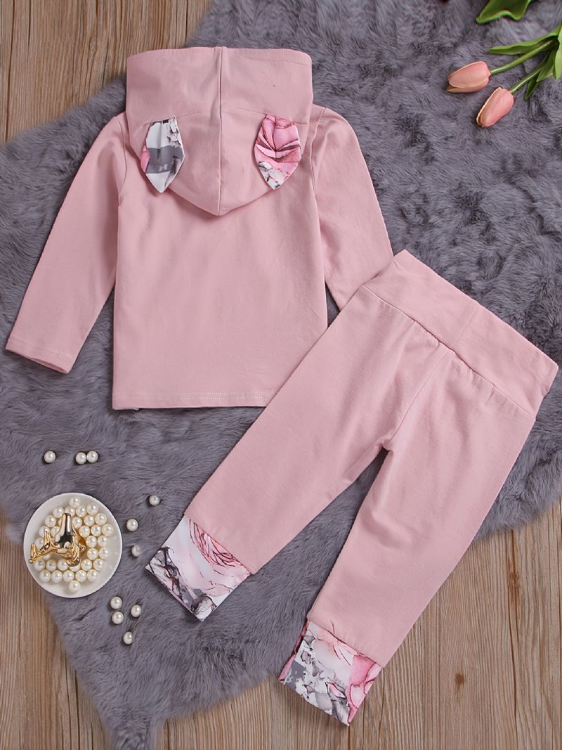 Baby Jenter Pink Ear Hettegenser Blomstertrykk Langermet Sweatshirt Og Buksesett Småbarnsklær