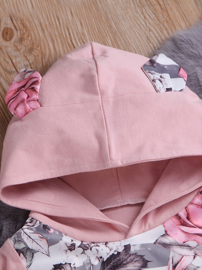 Baby Jenter Pink Ear Hettegenser Blomstertrykk Langermet Sweatshirt Og Buksesett Småbarnsklær