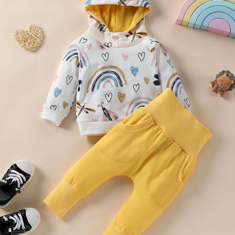 Baby Jenter Rainbow Heart Print Hettegenser Og Buksesett