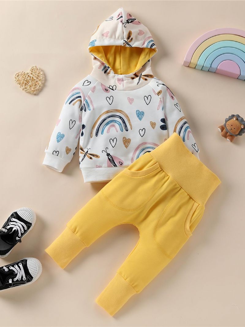 Baby Jenter Rainbow Heart Print Hettegenser Og Buksesett