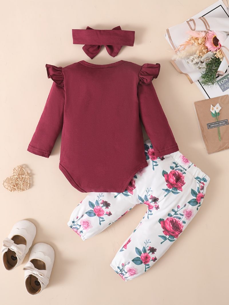 Baby Jenter Romper & Floral Print Bukser & Pannebånd Sett Antrekk Bodysuit Onesie-klær