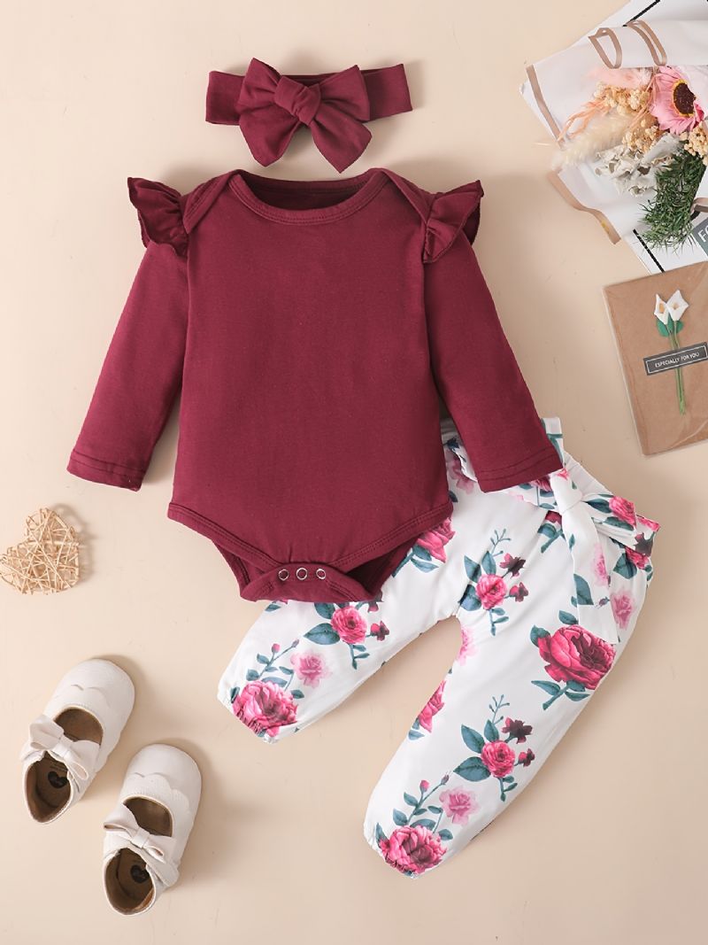 Baby Jenter Romper & Floral Print Bukser & Pannebånd Sett Antrekk Bodysuit Onesie-klær