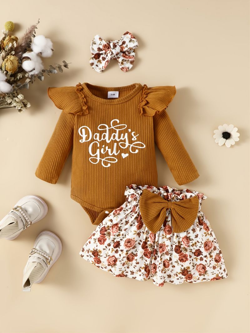 Baby Jenter Romper Langermet Ruffle Body & Ditsy Floral Skjørt & Pannebånd