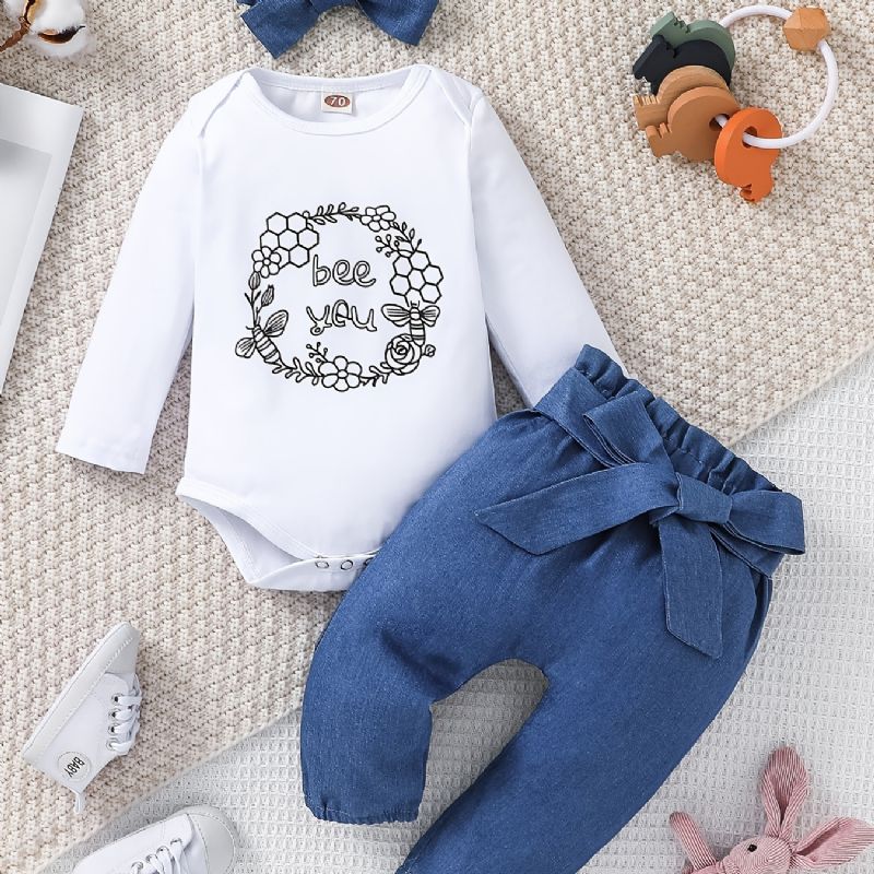 Baby Jenter Romper Letter Print Langermet Bodysuit & Bukser & Pannebåndsett 3 Stk