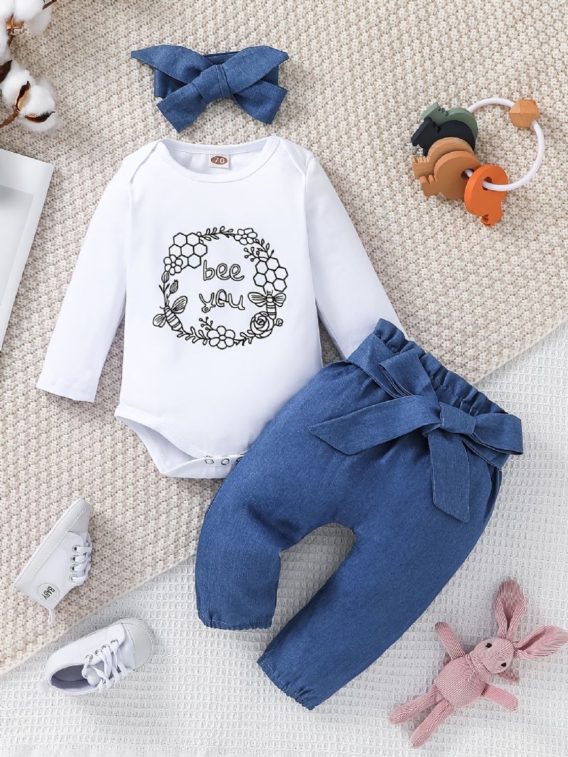 Baby Jenter Romper Letter Print Langermet Bodysuit & Bukser & Pannebåndsett 3 Stk