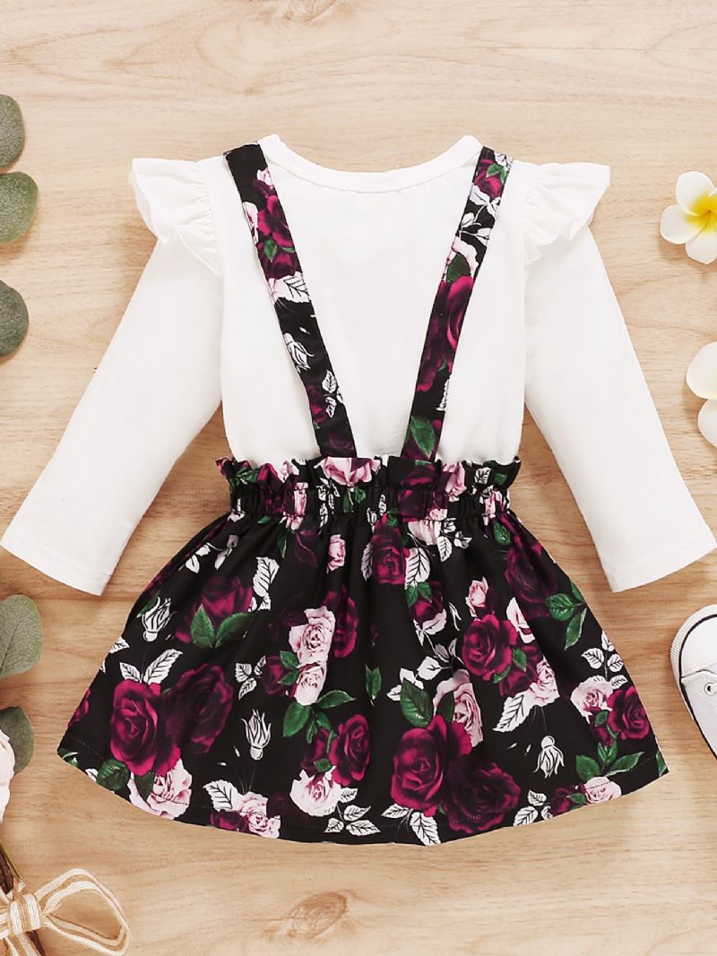 Baby Jenter Rose Grafisk Ruffle Trim Topp & Blomsterprint Suspender Skjørtsett