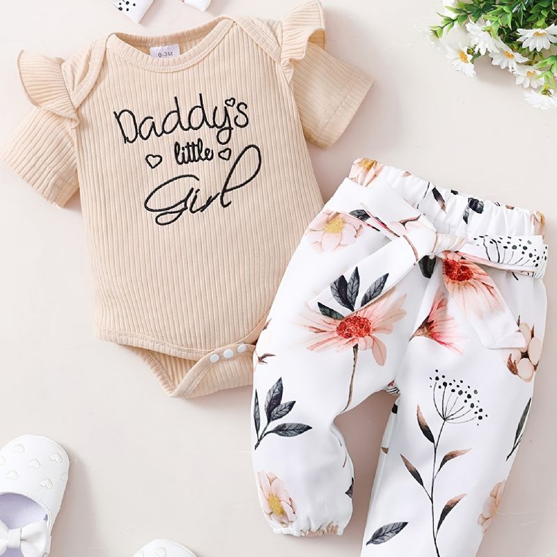 Baby Jenter Ruffle Kortermet Romper + Blomstermønster Buksesett Bodysuit Onesie Babyklær