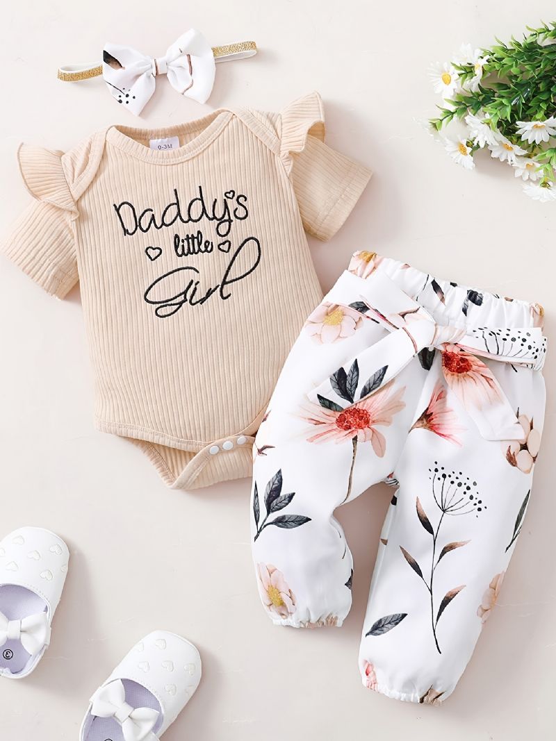 Baby Jenter Ruffle Kortermet Romper + Blomstermønster Buksesett Bodysuit Onesie Babyklær