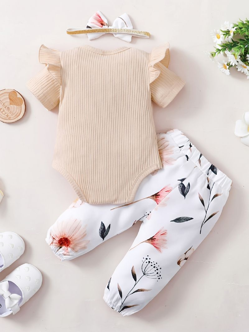 Baby Jenter Ruffle Kortermet Romper + Blomstermønster Buksesett Bodysuit Onesie Babyklær