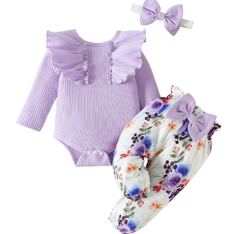 Baby Jenter Ruffle Langermet Bukse + Matchende Blomsterprint Bukser + Pannebånd Bodysuit Onesie Babyklær Dåp Layette Sett