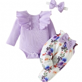 Baby Jenter Ruffle Langermet Bukse + Matchende Blomsterprint Bukser + Pannebånd Bodysuit Onesie Babyklær Dåp Layette Sett