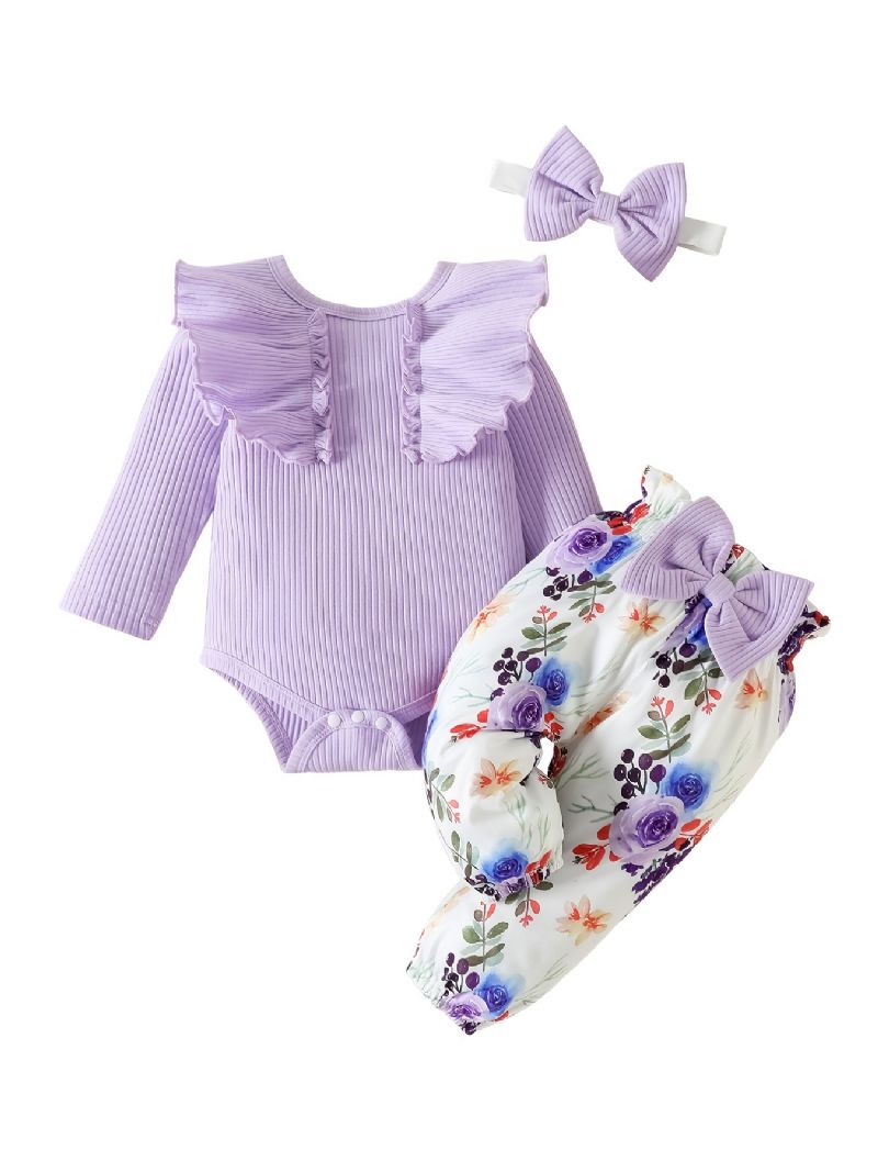 Baby Jenter Ruffle Langermet Bukse + Matchende Blomsterprint Bukser + Pannebånd Bodysuit Onesie Babyklær Dåp Layette Sett