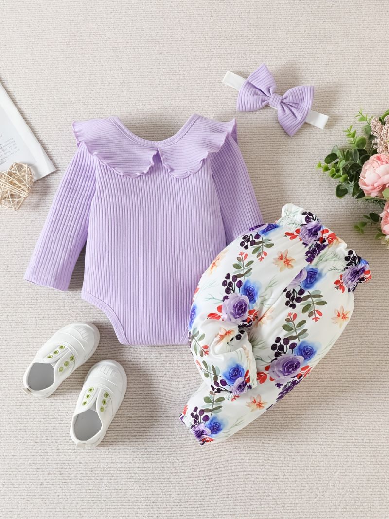 Baby Jenter Ruffle Langermet Bukse + Matchende Blomsterprint Bukser + Pannebånd Bodysuit Onesie Babyklær Dåp Layette Sett