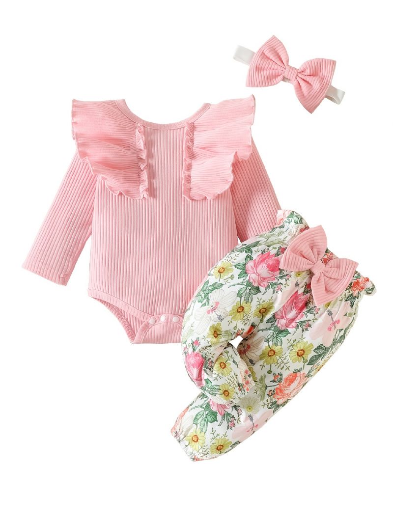 Baby Jenter Ruffle Langermet Bukse + Matchende Blomsterprint Bukser + Pannebånd Bodysuit Onesie Babyklær Dåp Layette Sett