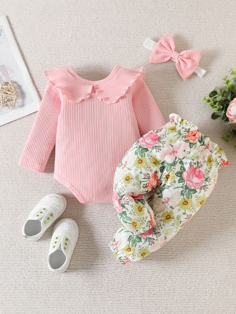 Baby Jenter Ruffle Langermet Bukse + Matchende Blomsterprint Bukser + Pannebånd Bodysuit Onesie Babyklær Dåp Layette Sett