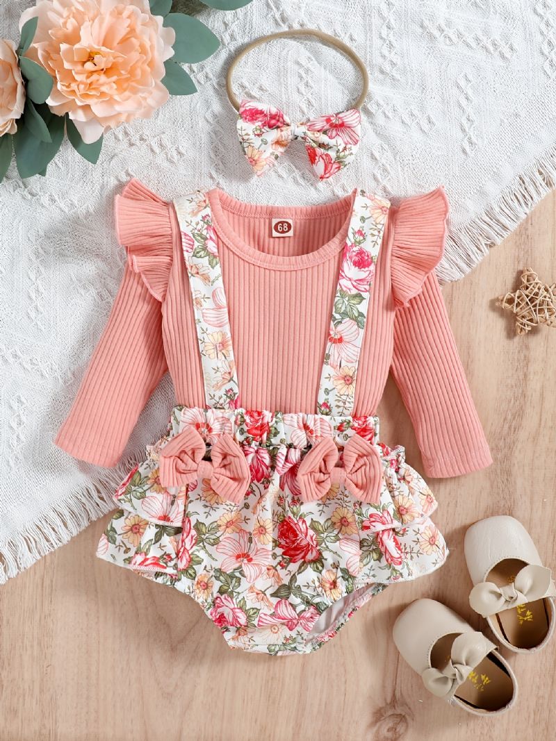 Baby Jenter Ruffle Langermet Bukse + Matchende Blomstertrykk Seleunderdel + Pannebåndsett Jente Antrekk