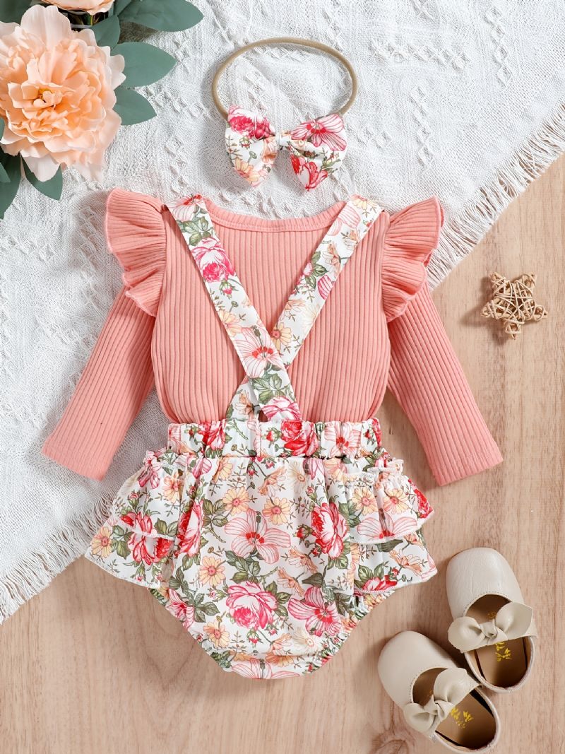 Baby Jenter Ruffle Langermet Bukse + Matchende Blomstertrykk Seleunderdel + Pannebåndsett Jente Antrekk