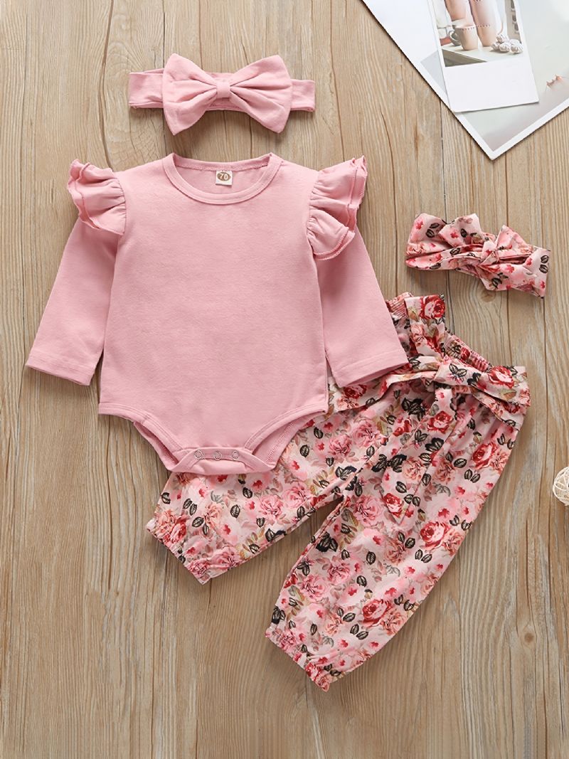 Baby Jenter Ruffle Langermet Romper Bodysuit + Matchende Bukser + Pannebåndsett Nyfødt Spedbarn Babyklær Layette Sett