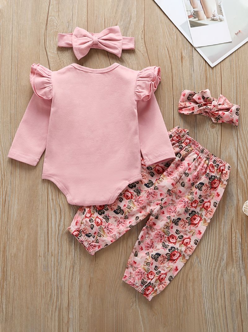 Baby Jenter Ruffle Langermet Romper Bodysuit + Matchende Bukser + Pannebåndsett Nyfødt Spedbarn Babyklær Layette Sett