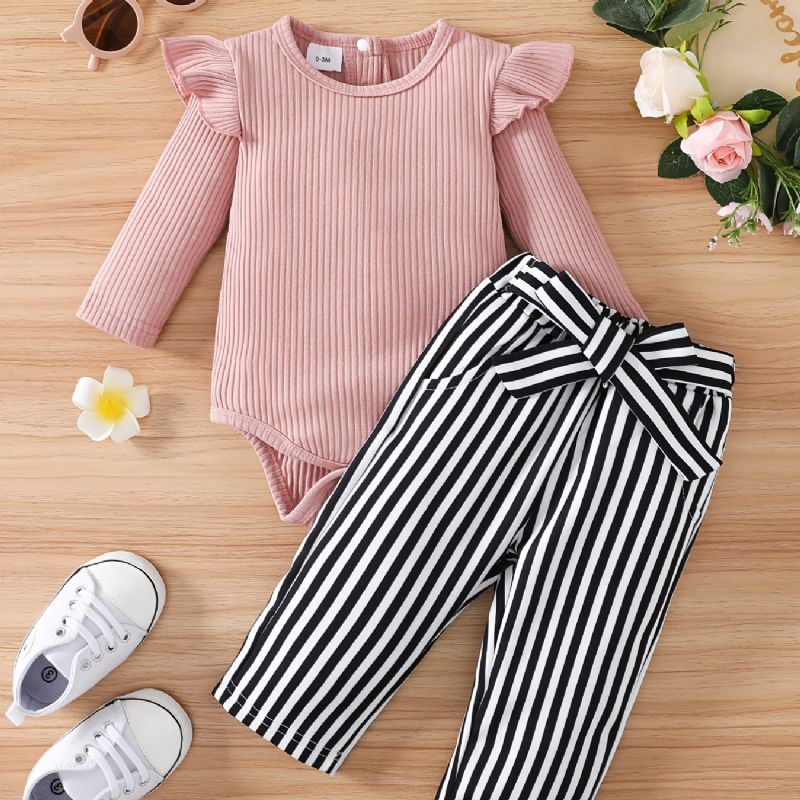 Baby Jenter Ruffle Langermet Romper Bodysuit + Stripe Buksesett Babyklær Antrekk Layette Sett