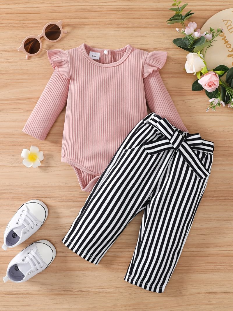 Baby Jenter Ruffle Langermet Romper Bodysuit + Stripe Buksesett Babyklær Antrekk Layette Sett