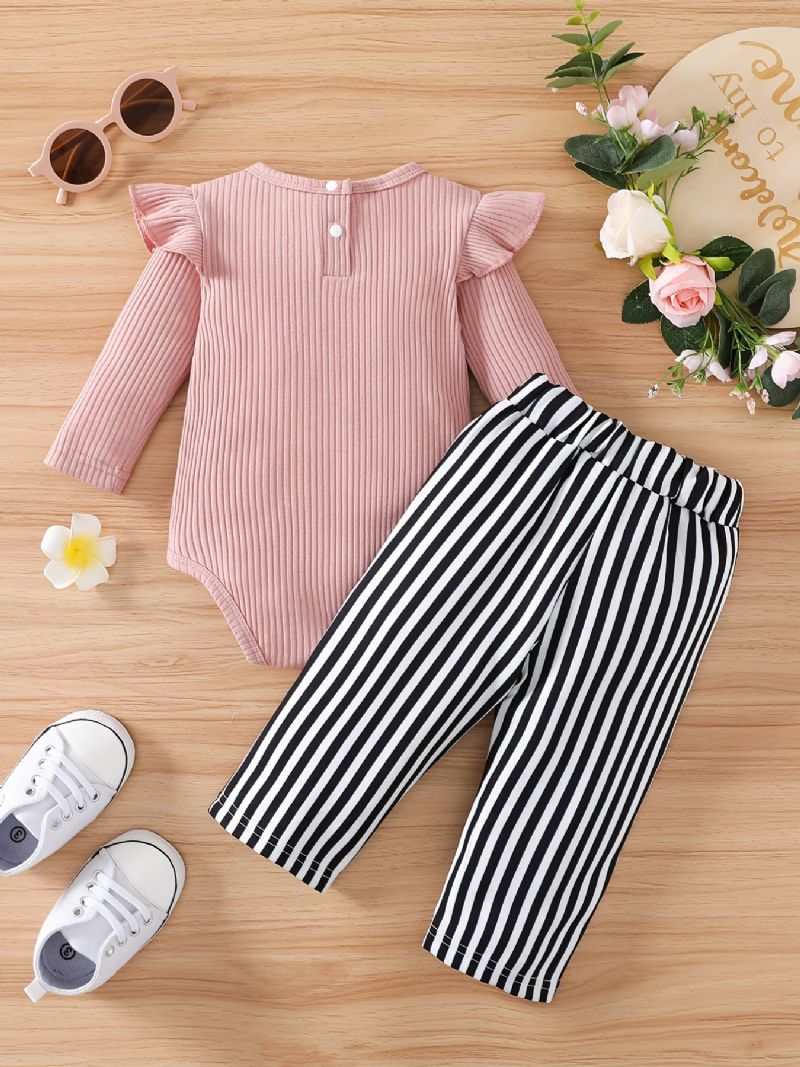 Baby Jenter Ruffle Langermet Romper Bodysuit + Stripe Buksesett Babyklær Antrekk Layette Sett