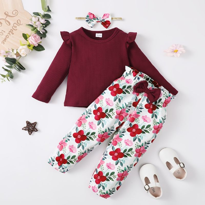 Baby Jenter Ruffle Langermet Top & Floral Print Buksesett