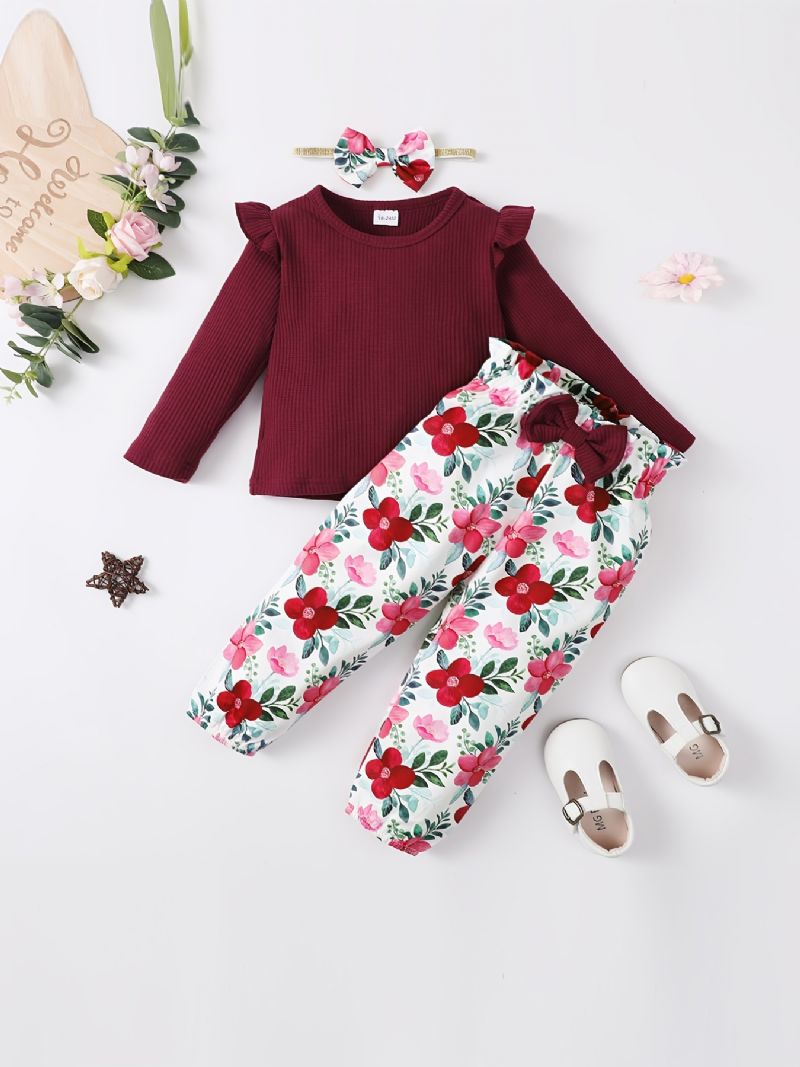 Baby Jenter Ruffle Langermet Top & Floral Print Buksesett