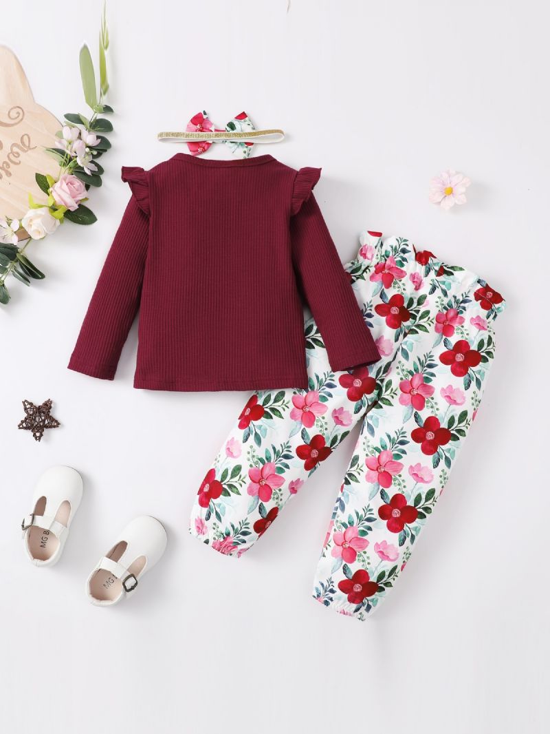 Baby Jenter Ruffle Langermet Top & Floral Print Buksesett