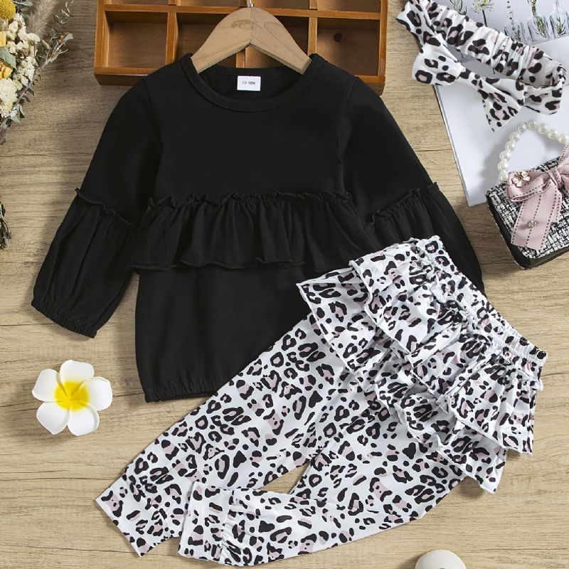 Baby Jenter Ruffle Langermet Topp & Leopard Print Bukser Og Pannebånd Sett