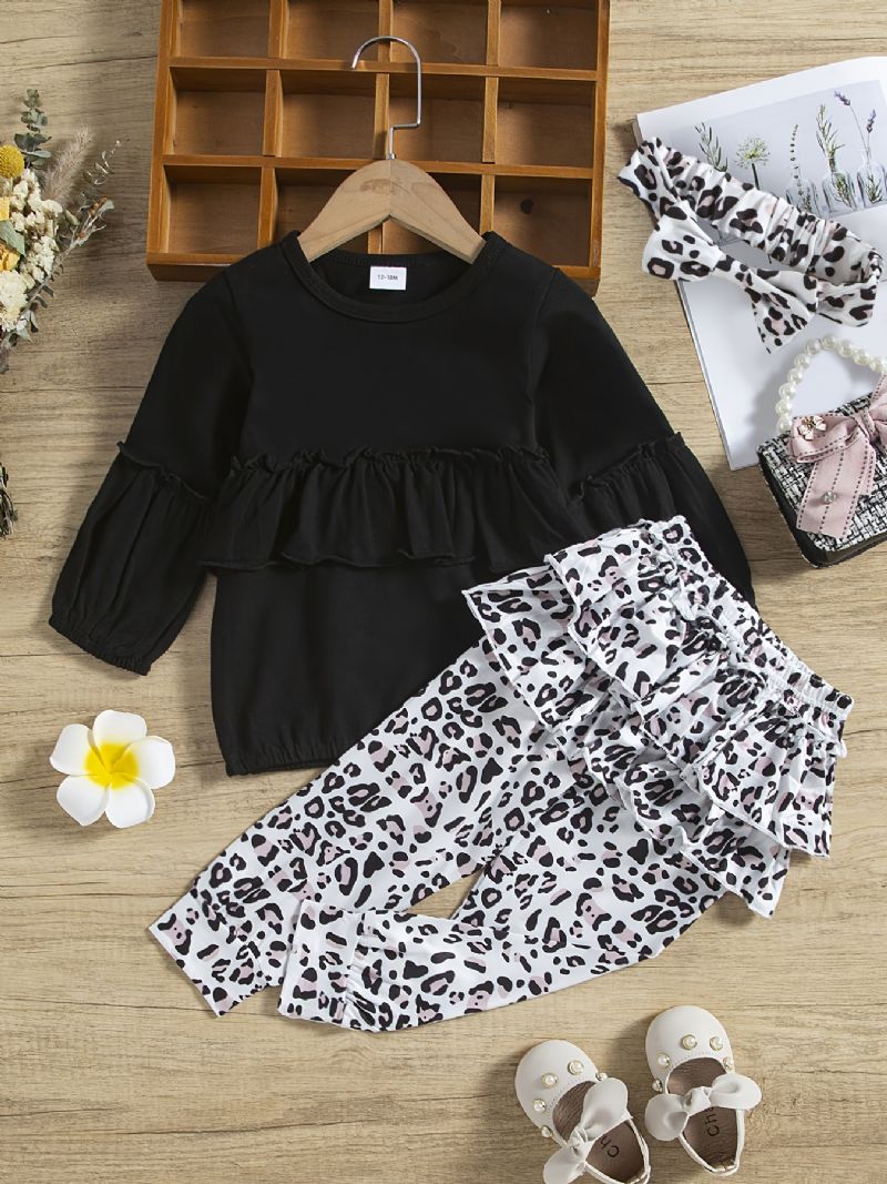 Baby Jenter Ruffle Langermet Topp & Leopard Print Bukser Og Pannebånd Sett