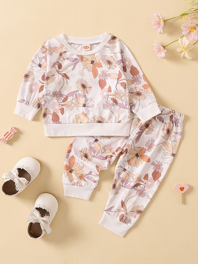 Baby Jenter Søt Blomstertrykk Langermet Sweatshirt Topp Elastiske Midjebukser Sett Klær