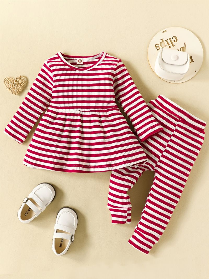 Baby Jenter Stripe Stretch Langermet Buksesett Med Rund Hals