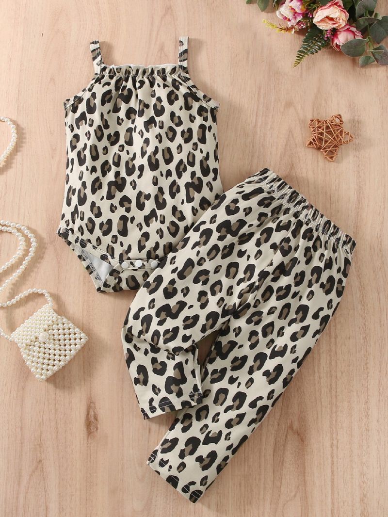 Baby Jenter Suspender Triangle Romper Leopard Print Buksesett