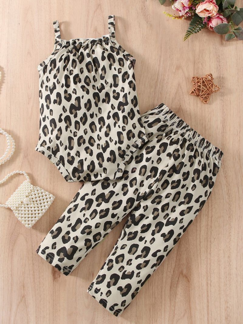 Baby Jenter Suspender Triangle Romper Leopard Print Buksesett