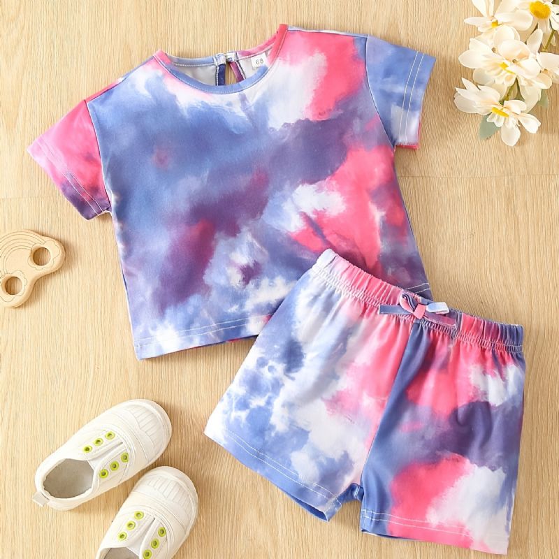 Baby Jenter Tie Dye Print T-skjorte & Sløyfe Stretchy Midje Shortssett