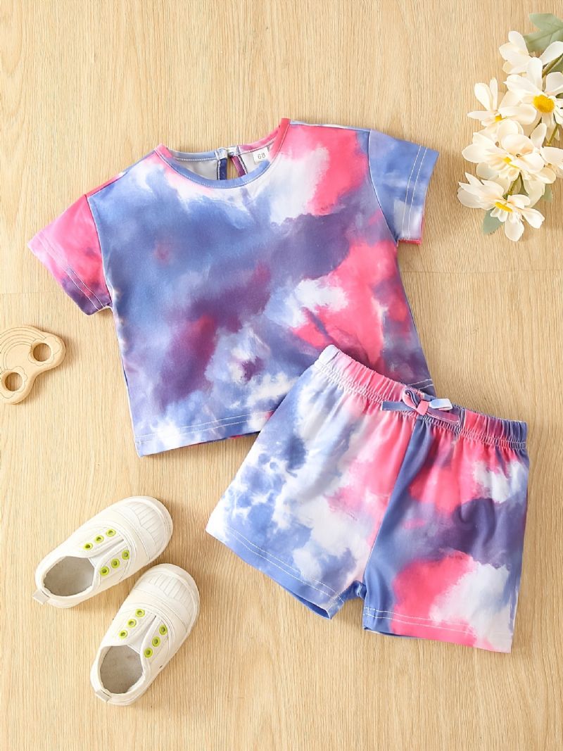 Baby Jenter Tie Dye Print T-skjorte & Sløyfe Stretchy Midje Shortssett