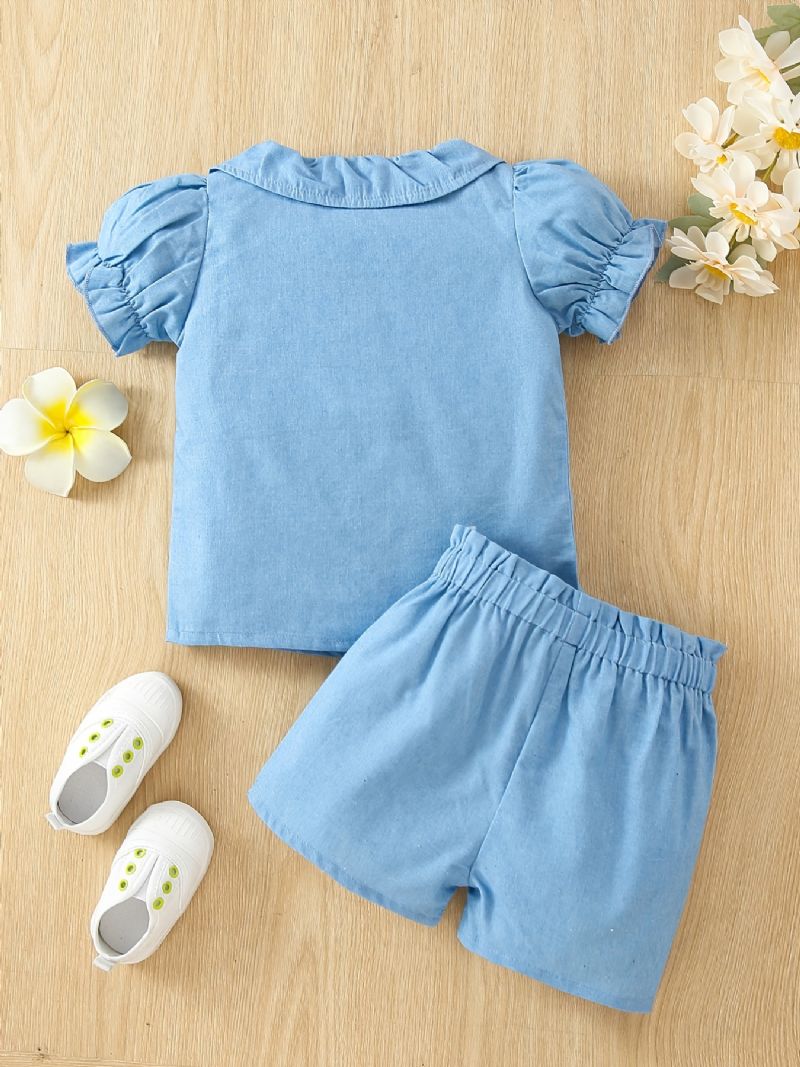 Baby Jenter Uformell Ruffled Puffermet Topp Og Elastiske Midje Shortssett