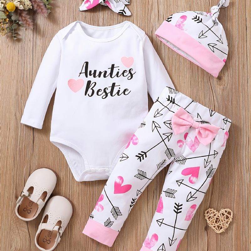 Baby Jenter Valentine's Day Langermet Bodysuit & Heart Print Bukser & Hat & Pannebåndsett