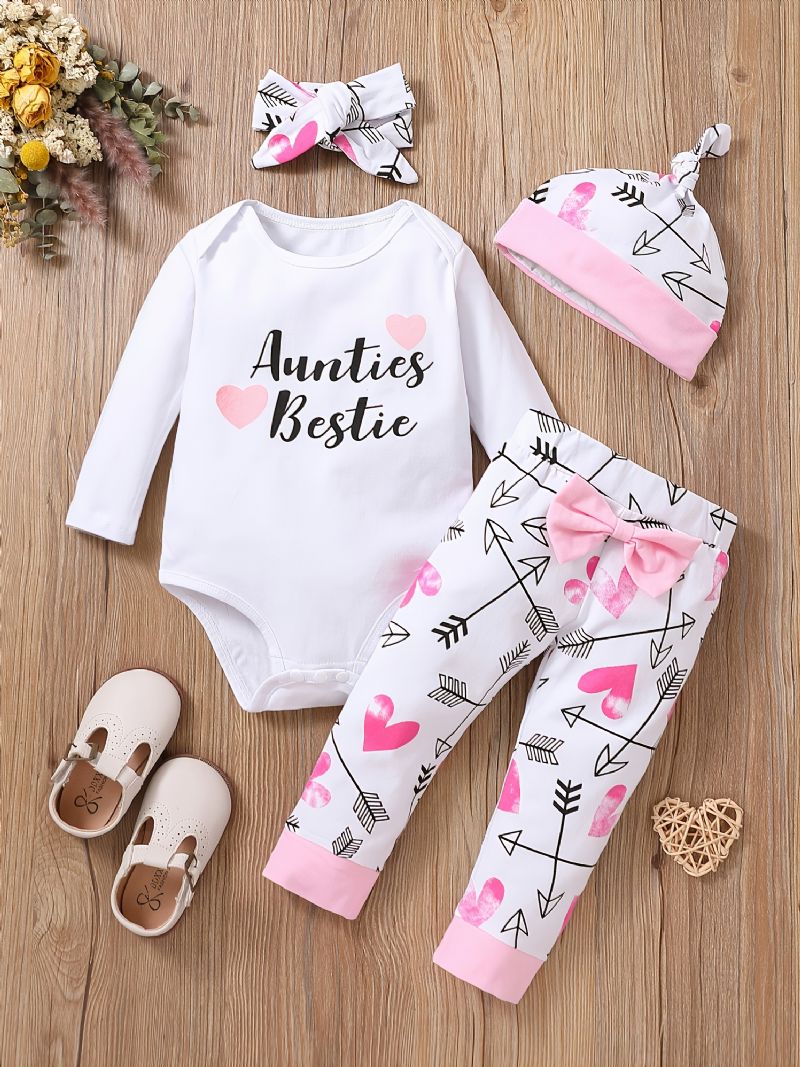 Baby Jenter Valentine's Day Langermet Bodysuit & Heart Print Bukser & Hat & Pannebåndsett