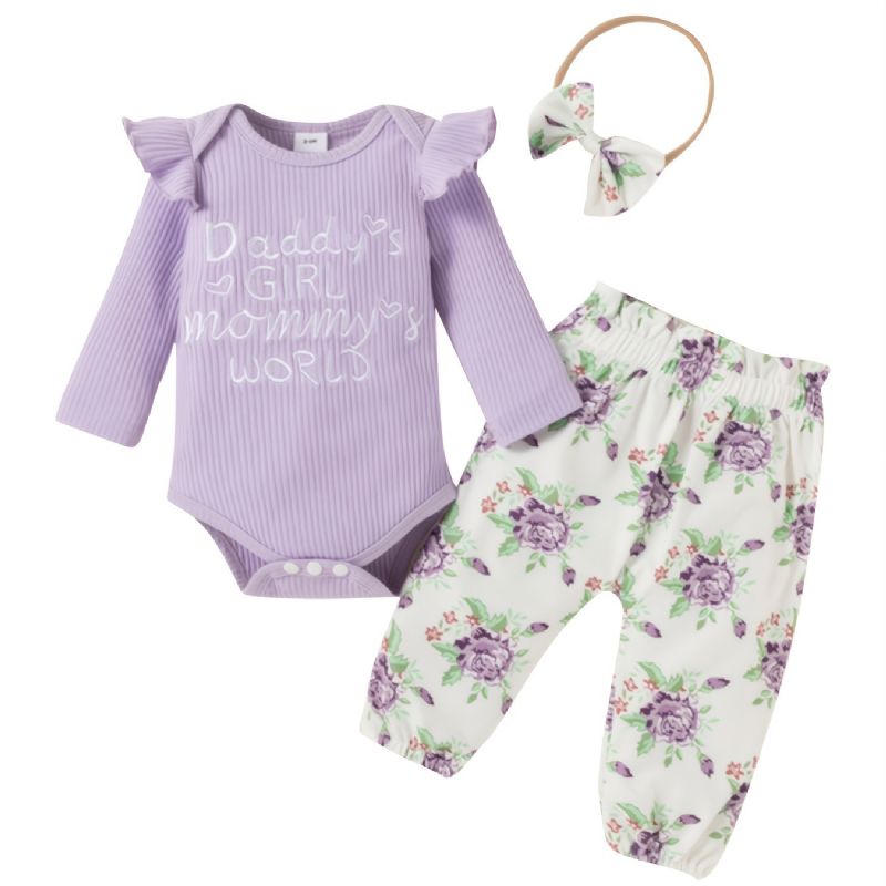 Babyantrekk Ruffle Romper + Blomsterbukser + Pannebåndsett Nyfødt Spedbarn Jenteklær