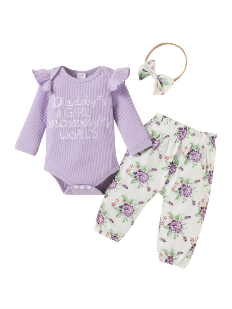 Babyantrekk Ruffle Romper + Blomsterbukser + Pannebåndsett Nyfødt Spedbarn Jenteklær