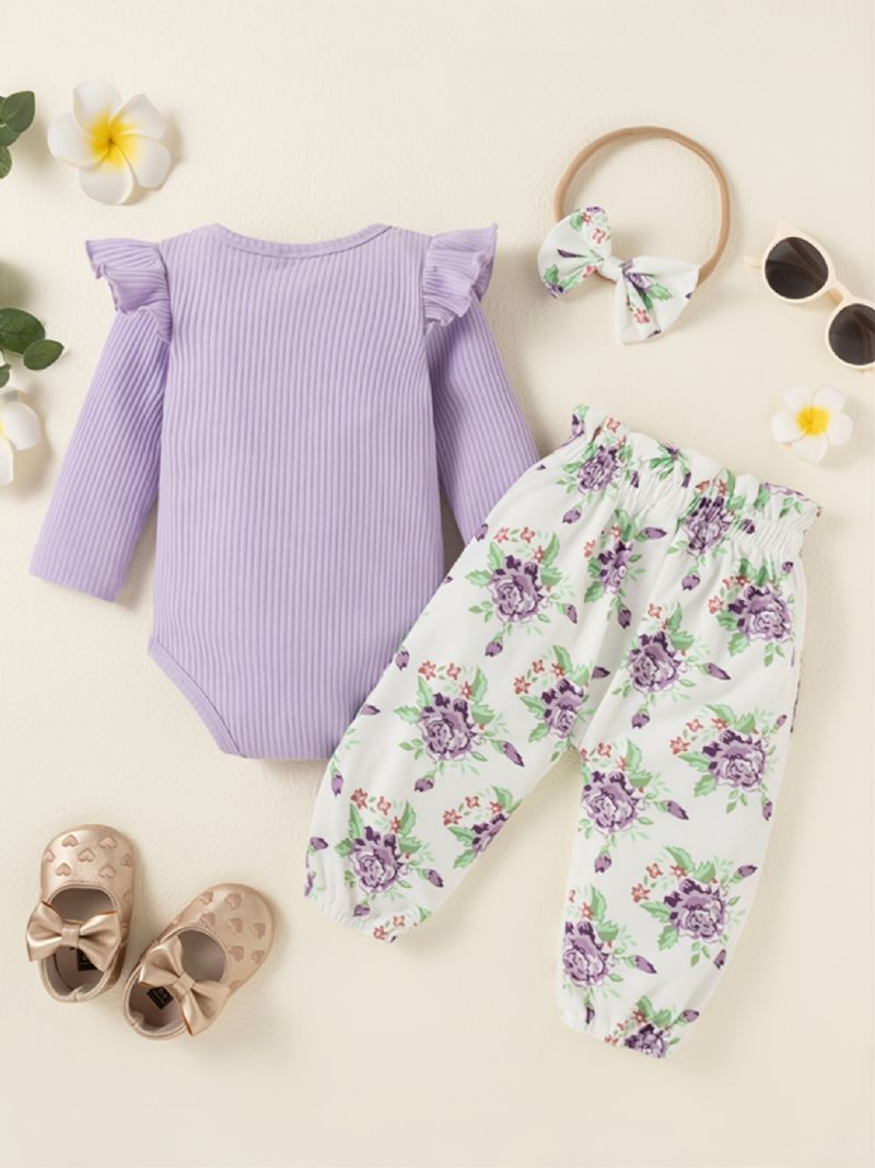 Babyantrekk Ruffle Romper + Blomsterbukser + Pannebåndsett Nyfødt Spedbarn Jenteklær