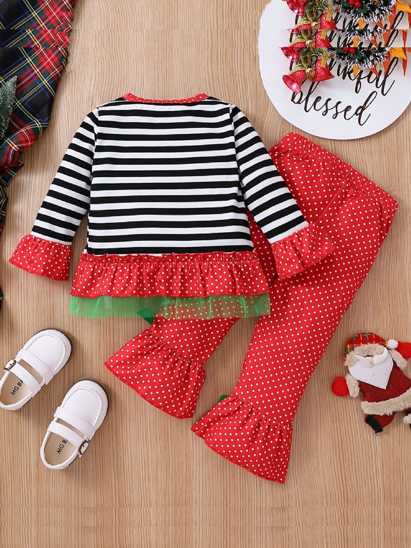 Barn Julesett Baby Jenter Stripet Julenisse Broderi Flare Erme Topp Polka Dot Sløyfe Flared Buksesett