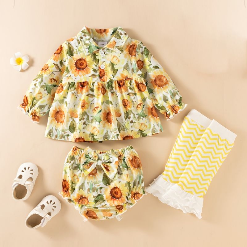 Blomstertrykk For Jenter Peplum Topp + Shorts + Knebeskyttere Sett Babyklær