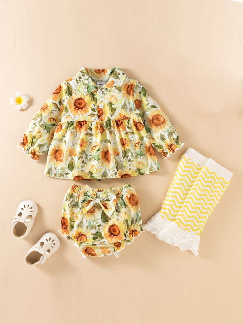 Blomstertrykk For Jenter Peplum Topp + Shorts + Knebeskyttere Sett Babyklær