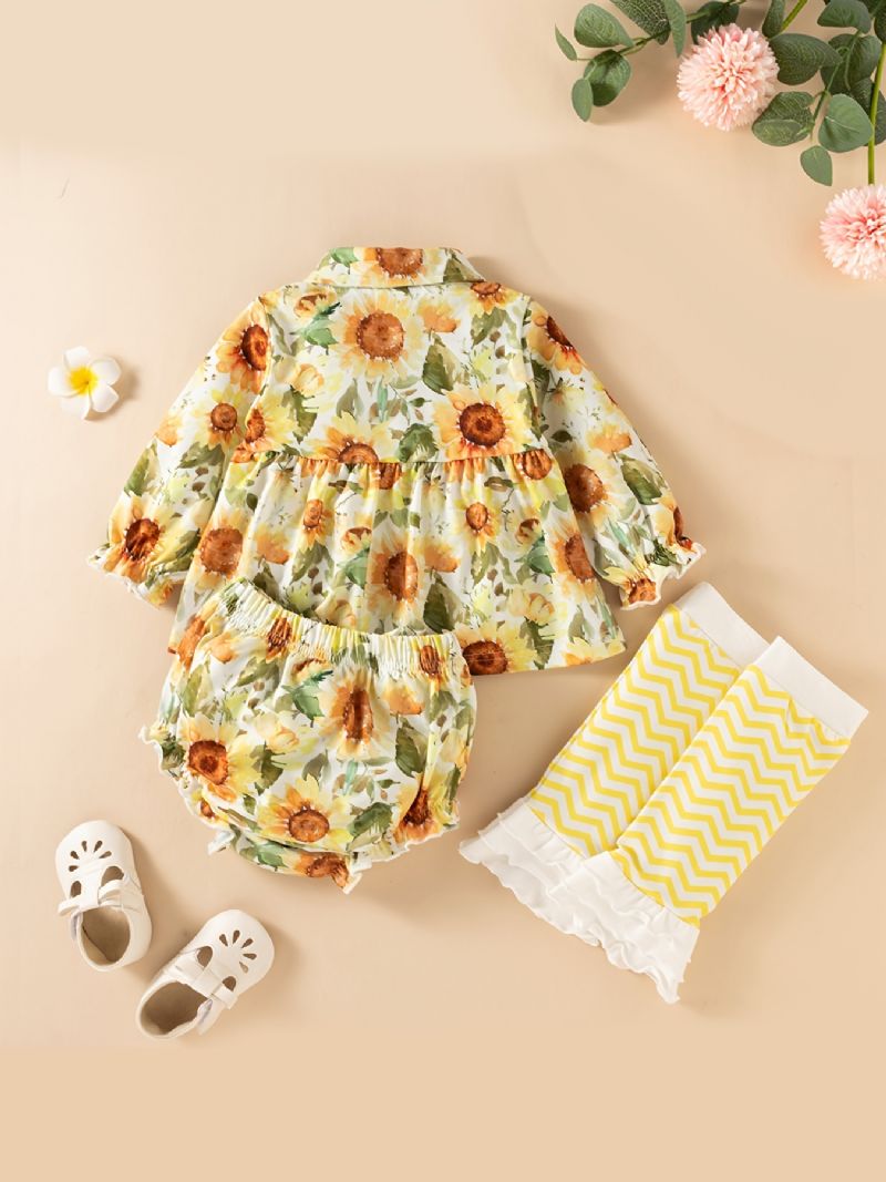 Blomstertrykk For Jenter Peplum Topp + Shorts + Knebeskyttere Sett Babyklær