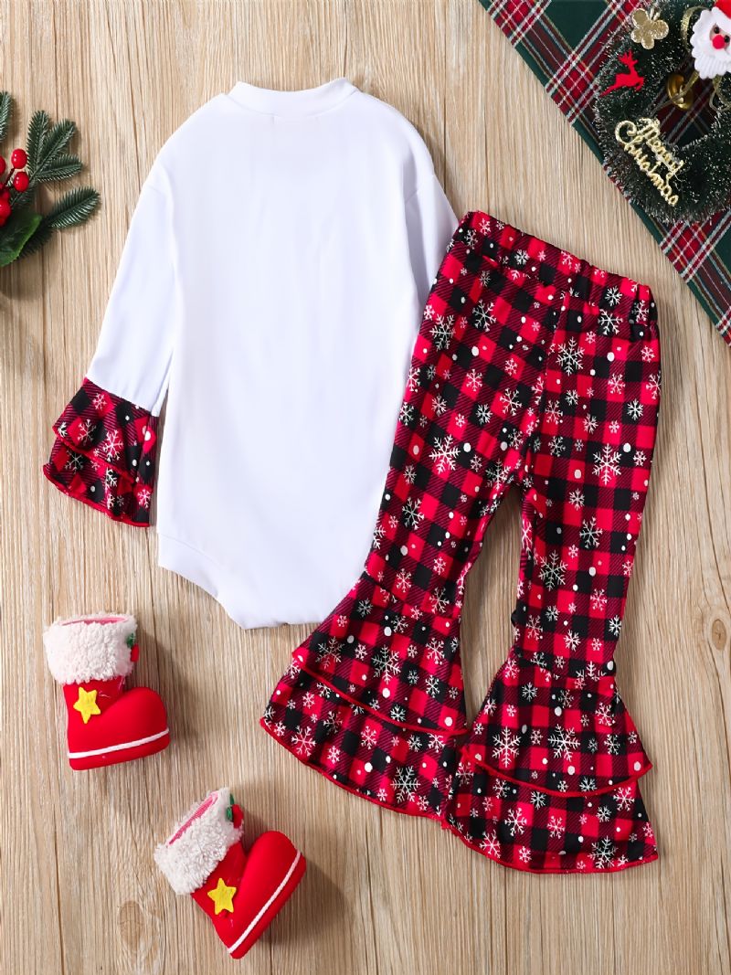 Christmas Sett Barn Rompers Crew Neck Plaid Langermet Flare Leg Pants Set