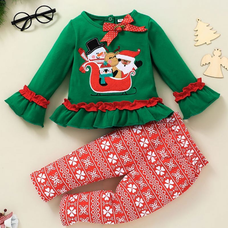 Christmas Two Piece Festival Jenter Ruffle Print Langermet Bukser