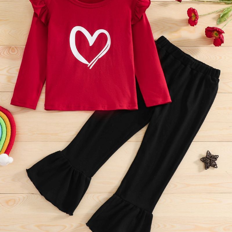 Christmas Valentine's Day Jenter Heart Print Langermet Top & Flared Bukser I To Deler